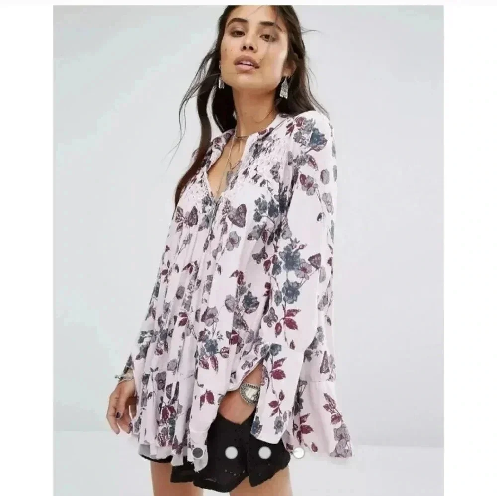 Free People Pebble Crepe Smocked Tunic Flowy Boho Chic Floral Blouse(XS)
